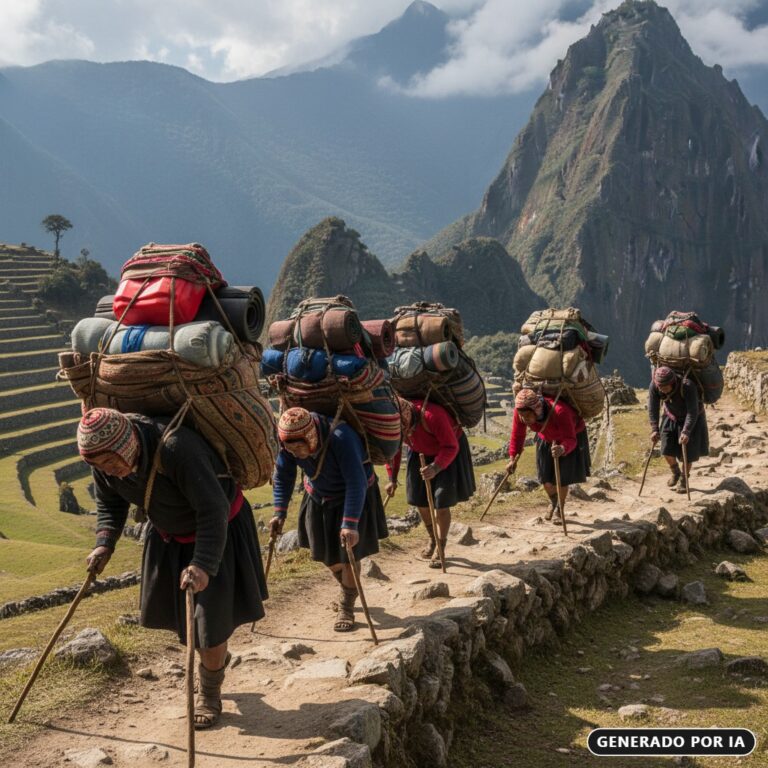 Generada por IA: Un grupo de personas con vestimenta tradicional andina carga pesados bultos en sus espaldas mientras camina por un sendero de piedra con las montañas de Machu Picchu de fondo.
