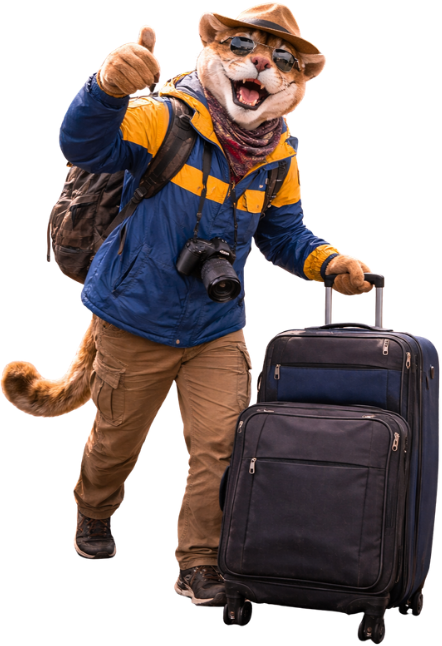 Jack, la mascota de Qosqo Trips, con maleta de viaje