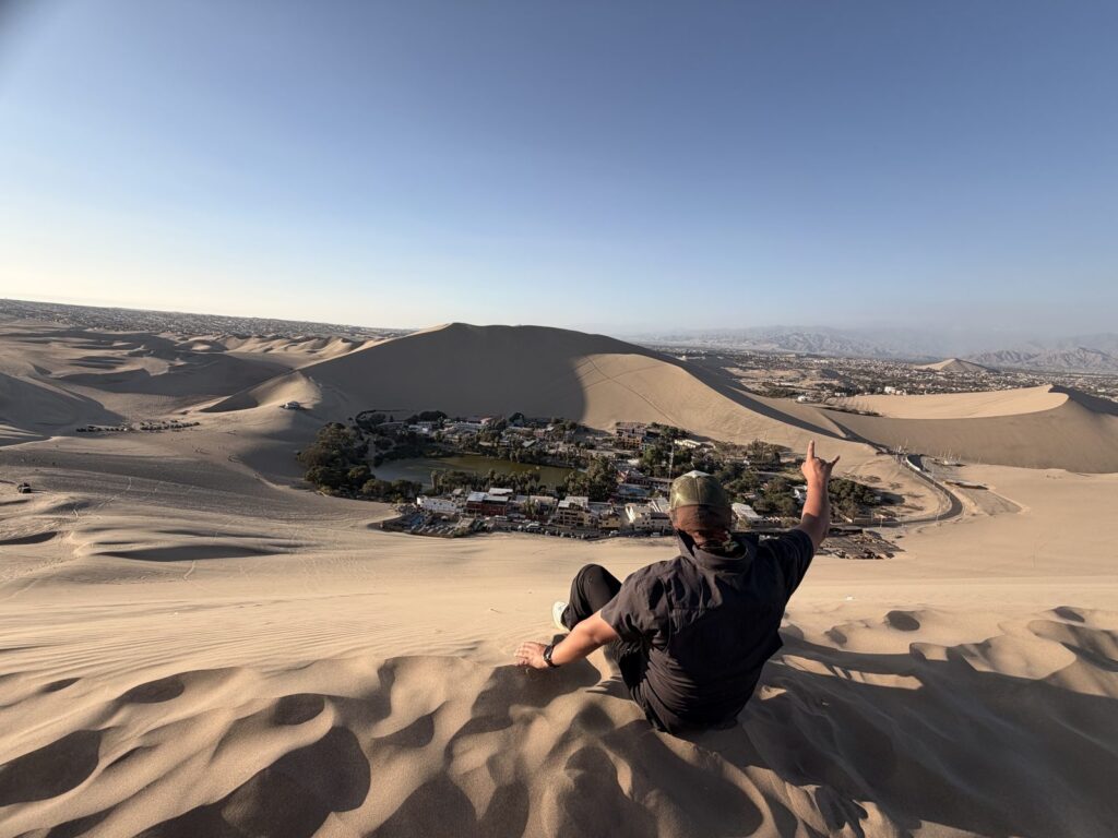 Tour Paracas y Huacachina: vista del oasis rodeado de dunas desde lo alto de una duna